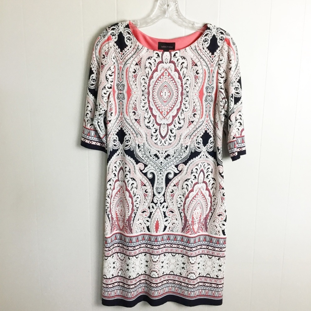 Isabel Nina Dress S Paisley Texture Border Print Shift Dress
